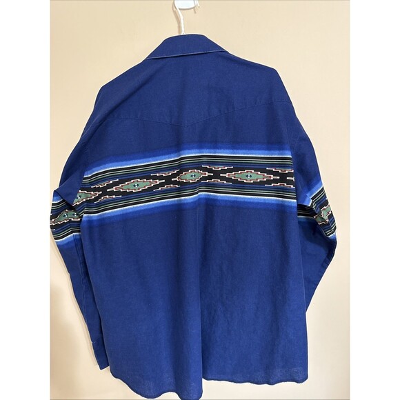Wrangler Pearl Snap Western Shirt XL Cowboy Rodeo Aztec Southwestern Blue Vtg - Picture 2 of 9